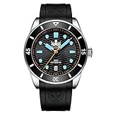 PHOIBOS Reloj de Buceo automático para Hombre de 300m con Esfera de Onda Negra y Correa de Caucho Wave Master PY010CR