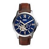 Fossil Reloj para hombre Townsman, movimiento mecánico automático, caja de 44mm de acero inoxidable plateado con correa de piel, ME3110