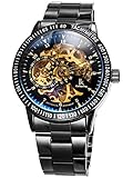 Alienwork IK Reloj Automático Hombre Mujer Negro Pulsera de Metal Acero Esqueleto